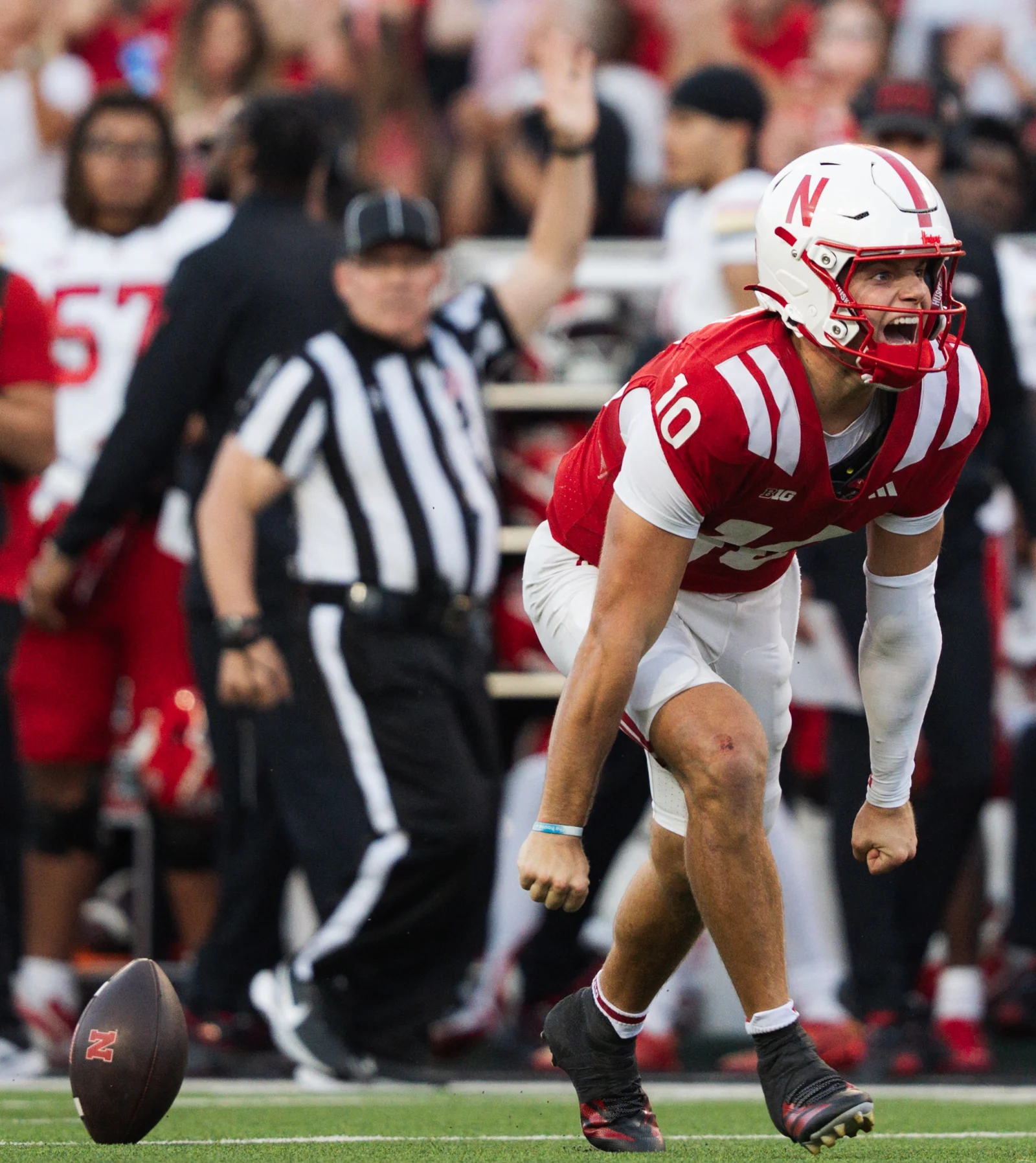 Nebraska quarterback Anthony Colandrea (10) celebrates after a long run during the Cornhuskers' homecoming game against Maryland at Memorial Stadium in Lincoln, Neb., Saturday, Oct. 3, 2026. Nebraska won 48-23.